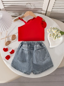 Girls summer set with red sleeveless tank top and light blue washed denim shorts