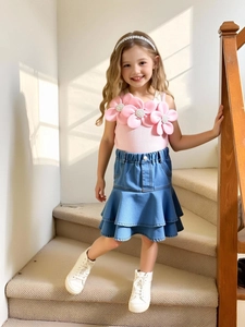 Girls Ribbed Tank Top And Tiered Denim Skirt Summer Outfit 3D Floral Artificial Pearl Decoration Sleeveless Sweet Fashion Casual