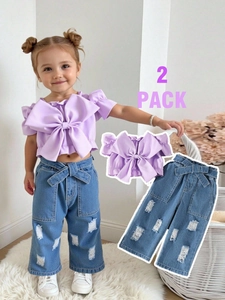 Girl's summer outfit featuring a purple off-shoulder bow top and ripped wide-leg jeans