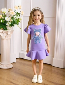 Girls Summer Princess Dress Short Sleeve Sequin Bear Design Ruffled Hem Party Wedding Dress Cotton Kid Clothes Fashion
