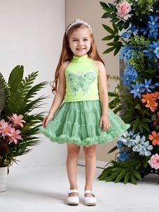 Girls lime green two-piece summer set with sequin butterfly top and tiered tutu skirt