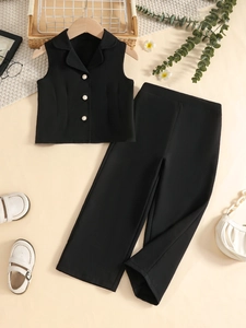 Girls' black vest and wide-leg pants two-piece suit with pearl buttons flat lay view