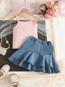 Pink rib-knit top with 3D flower and denim ruffle skirt two-piece summer set for girls