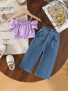 Girls purple off-shoulder ruffle top and wide leg distressed jeans outfit set