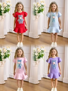 Girls princess dress with sequined bear and bubble sleeves in four vibrant colors