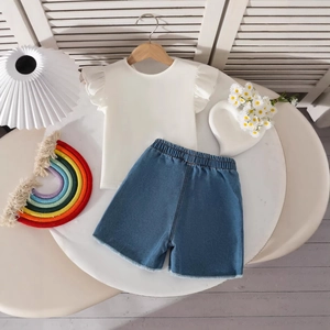 Toddler girl white ruffle sleeve knit top and frayed denim shorts outfit set