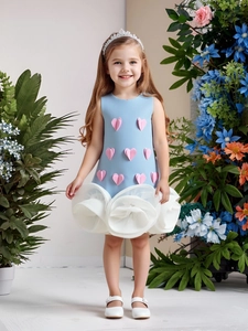 Girls' light blue Valentine's Day sleeveless party dress with pink 3D heart and floral tulle