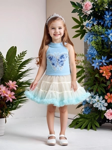 Girl's beaded butterfly top and blue gradient tutu skirt princess party dress set