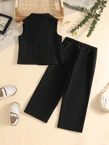 Flat lay of girls' black sleeveless suit vest and wide-leg trousers two-piece set