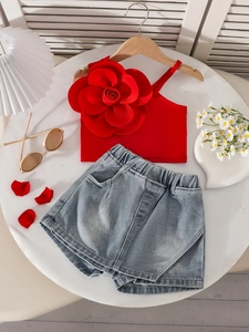 Girls summer set with red one-shoulder rose top and light blue washed denim shorts