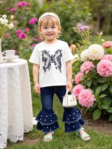 Girls Summer Cotton Butterfly T-Shirt And Artificial Pearl Beaded Ruffle Denim Flare Pants Casual Outfits For Toddler Children