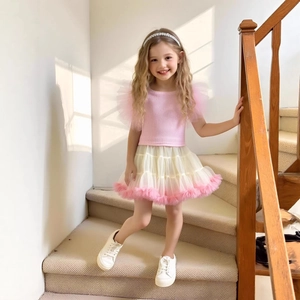 Detail of pink ruffle flutter sleeve top and layered mesh tutu skirt for young girls