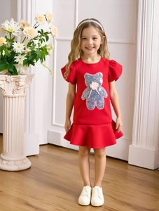 Red girls short sleeve princess dress with silver sequined bear and ruffled skirt