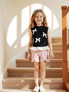 Girls Summer Clothing Outfit Black Sleeveless Bow Lace Tank Top And Washed Frayed Denim Shorts For Kids Sweet Casual Apparel