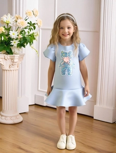 Light blue girls' short sleeve princess dress with sequin bear and ruffled fishtail hem