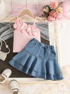 Pink rib-knit camisole with 3D floral accents and tiered denim skirt two-piece set for girls