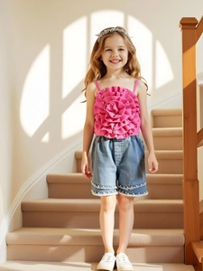 Camisole Rose d'Été pour Filles Avec Fleur 3D Et Short en Jean Perlé Tenue Élégante en Mélange de Coton pour Fête d'Anniversaire Tenue Quotidienne Décontractée