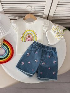 Girls' white rainbow T-shirt and denim shorts set with ruffle sleeves and heart embroidery