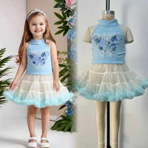 Detail of girls' light blue tutu set featuring sequin butterfly top and ombre tulle skirt