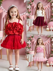 Mädchen Tutu-Kleid Set mit 3D-Blumen-Oberteil und mehrlagigem Netzrock für Feiern
