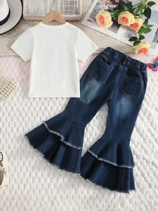 Girls summer outfit with white short sleeve T-shirt and flared denim pants set