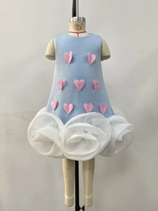 Detail of light blue girls' dress featuring pink 3D hearts and white rose mesh hem