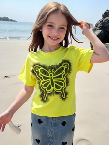 Tenues d'Été pour Filles de Style Coréen Haut en Coton à Manches Courtes Avec Applique Papillon Et Jupe en Denim à Motifs de Cœur