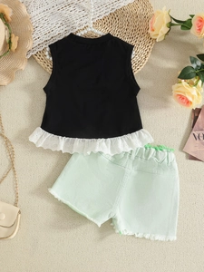 Girls summer set with black lace-trim tank top and mint green distressed denim shorts