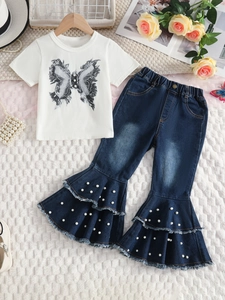 Girls' white butterfly pearl t-shirt and flared denim pants two-piece summer outfit