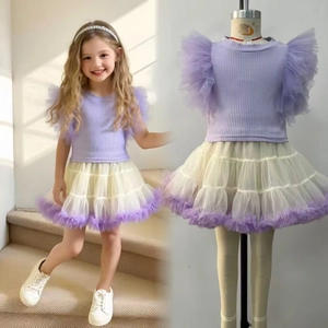 Detail of girls' purple ruffled mesh top and tutu skirt set shown on a model and mannequin