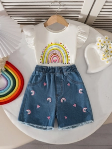 Girls' white rainbow short sleeve tee and denim shorts set for summer style