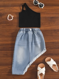 Ensembles d'Été pour Petites Filles Top Court Noir à une Épaule et Jupe en Denim à Pompons Asymétrique Vêtements Décontractés