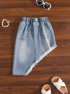 Jupe en jean bleu clair pour filles avec bords effilochés et taille élastiquée