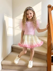 Pink flutter sleeve knit top and tiered tutu skirt two-piece set for toddler girls