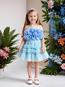 Blue tulle girls' dress with tiered ruffles and 3D floral details in a garden set