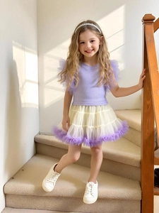 Girls summer set with purple flutter sleeve top and layered white-purple tutu skirt