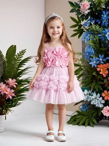 Pink toddler girl princess dress with 3D floral bodice and layered tulle tutu skirt