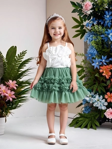 White ruffle camisole and green tulle tutu skirt set for toddler girls party wear