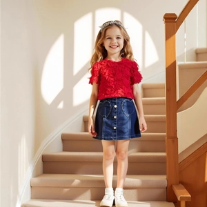 Detail of red rose appliqué top and denim skirt with heart pockets for girls