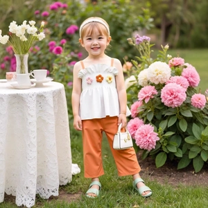 Detail of 3D crochet flowers and ruffle trim on a white girls' summer camisole top