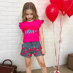 Detail of pink ruffle sleeve top with strawberry print and grey denim shorts for girls