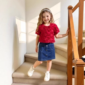 Detail of girls' red 3D rose short sleeve top and denim skirt with heart pockets