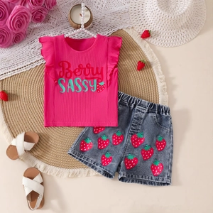 Flat lay of girl's strawberry print set with pink ruffle top and denim shorts