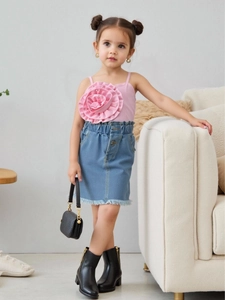 Ensemble de Vêtements d'Été pour Filles Haut à Bretelles Spaghetti Fleur 3D et Jupe en Denim à Bord Cru