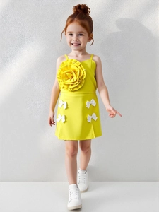 Sweet Girls Summer Clothing 3D Flower Cami Top And Bow Mini Skirt Outfit Off Shoulder Polyester Two Items For Kids