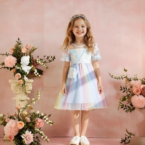 Detail of colorful rainbow tulle layers and sparkly sequins on girls' princess dress