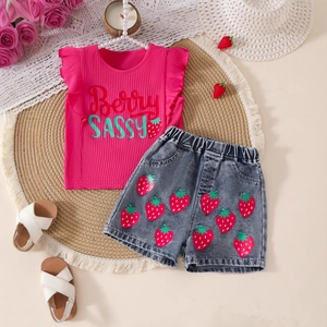 Detail of pink ruffled top with Berry SASSY print and strawberry denim shorts set