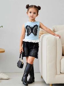 Mädchen Schmetterlingsapplikation Baumwolle Ärmelloses Top Und Bestickte Denim Shorts Sommer Outfit Westlicher Süßer Mode Kinderkleidung