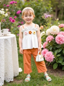 Girls Summer Cotton Camisole Top And Wide Leg Pants Outfit White Smocked Strappy Top With 3D Crochet Flowers Orange Trousers