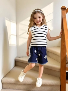 Girls Summer Sleeveless Striped Ribbed Tank Top And Print Denim Shorts Outfit Casual Cotton Two Parts Clothing